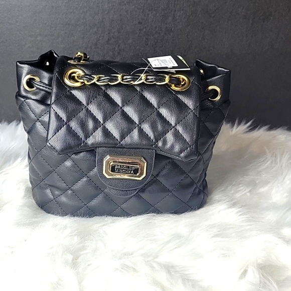 BADGLEY MISCHKA Mini Quilted Black Vegan Leather Backpack NWT‎ - Picture 1 of 10